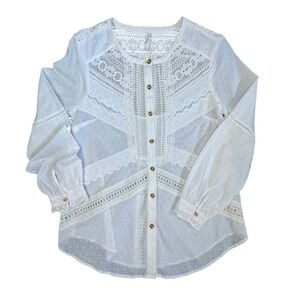 Feather Bone Anthropologie White Lace Swiss Dot Button Down Blouse Top US 2